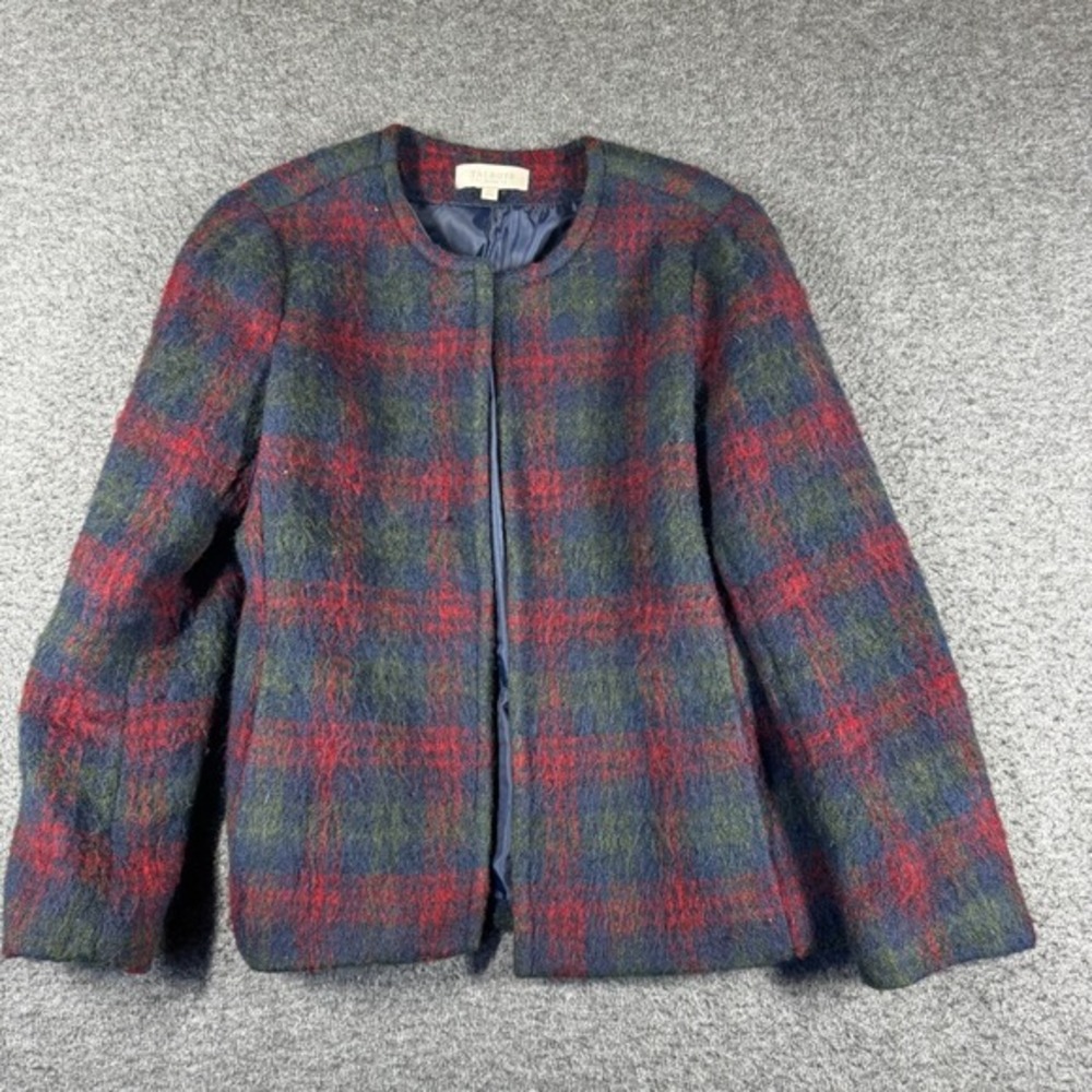 Talbots Red and Green Plaid Wool Blend Collarless Blazer - Size 12P